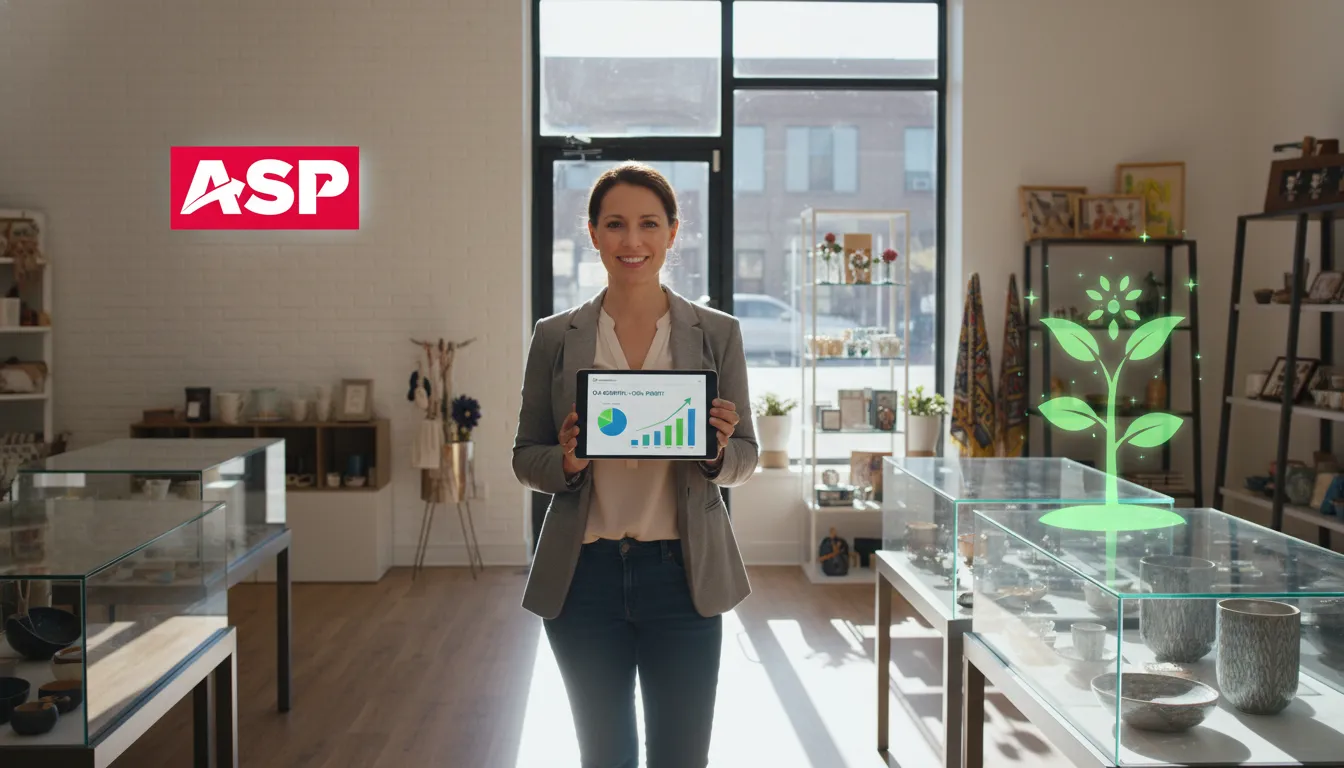 Pequeno empresário sorri em sua loja, segurando um tablet com relatório financeiro positivo do ERP, simbolizando o break even e o crescimento do negócio.