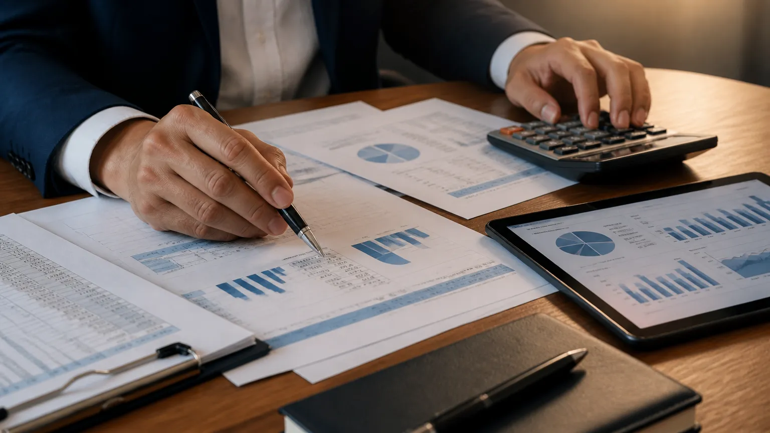 Gestor calculando o planejamento do dinheiro do refinanciamento para capital de giro empresarial.