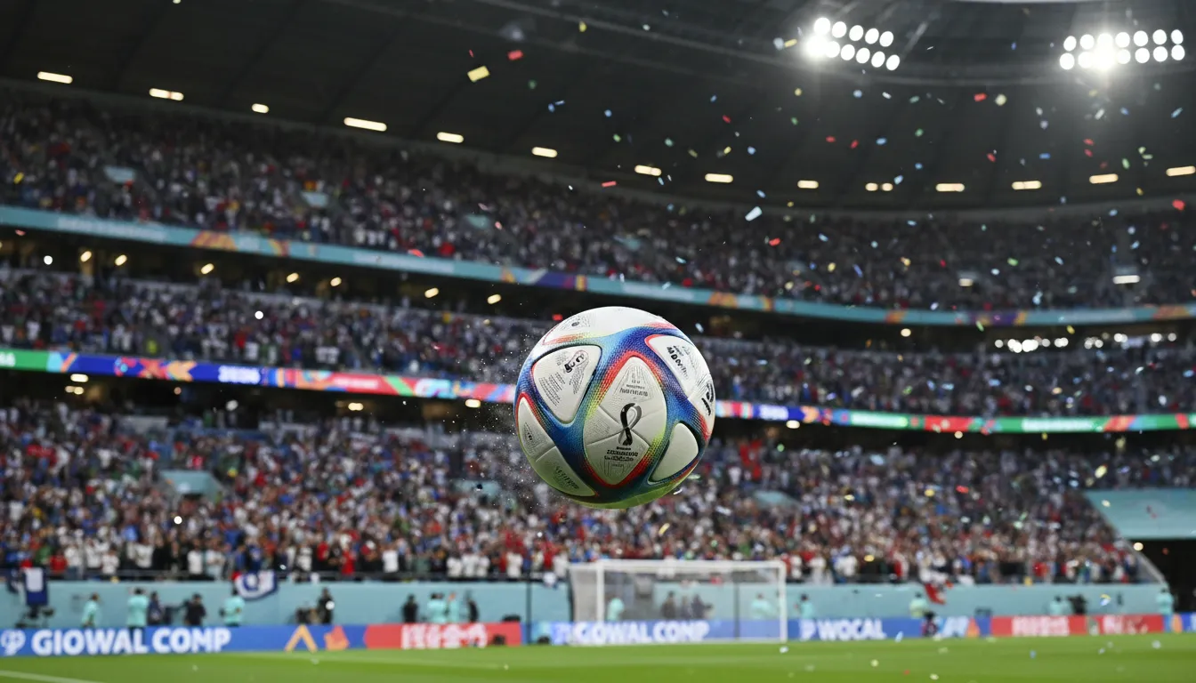 Foto realista de uma bola de futebol no ar, com o logo da copa 2026, e estádio ao fundo, focando nos melhores jogadores copa 2026.
