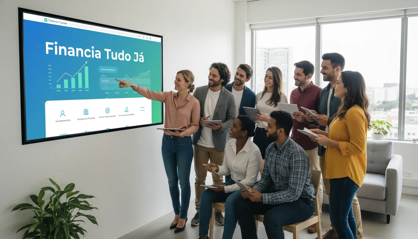 Grupo de pessoas analisando gráficos de crescimento financeiro na Financia Tudo, demonstrando o planejamento estratégico facilitado pelo crédito com garantia.