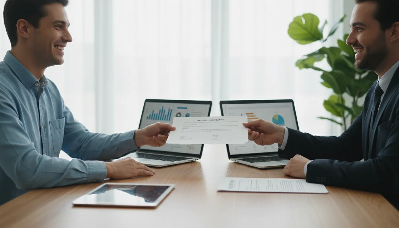 Pessoa entrega documentos digitalizados ao agente imobiliário com laptops e contrato de aluguel visível
