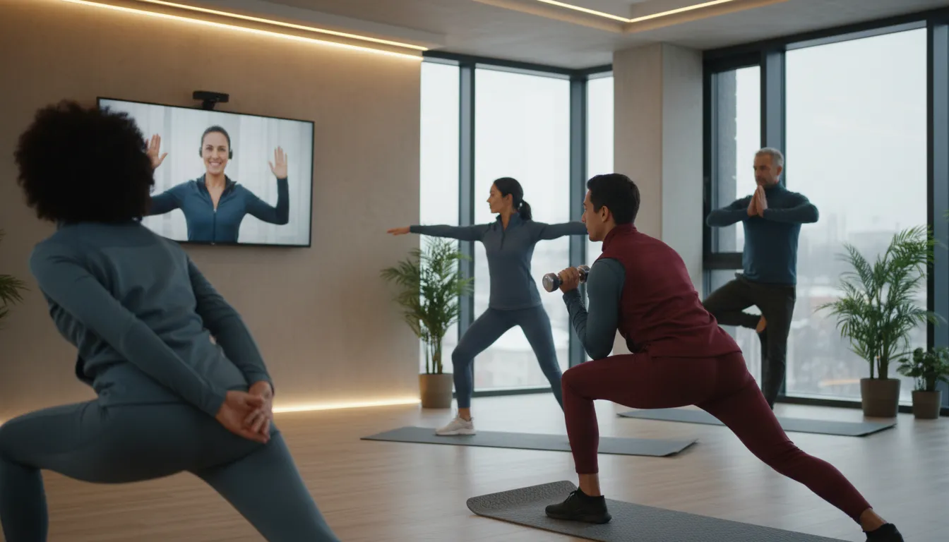 Grupo diverso treina em ambiente aquecido, recebendo orientação de personal trainer online para adaptar a rotina de inverno.