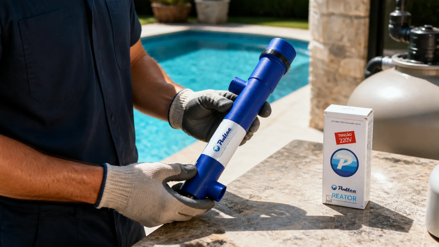 Equipamento moderno de tratamento ultravioleta piscina sendo preparado para instalação técnica especializada.