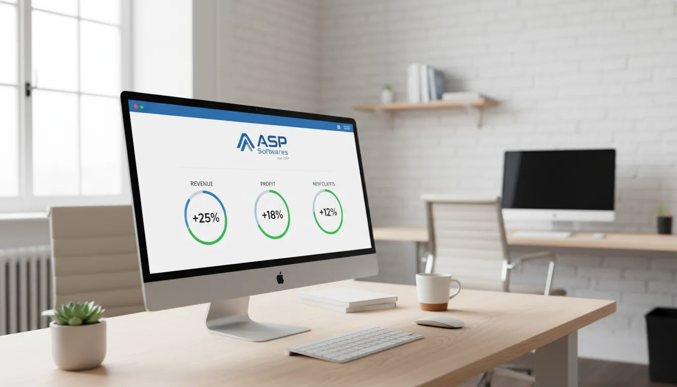 Ambiente de escritório moderno com dashboard financeiro intuitivo da ASP Softwares, demonstrando o controle e a proteção do capital de giro da empresa.
