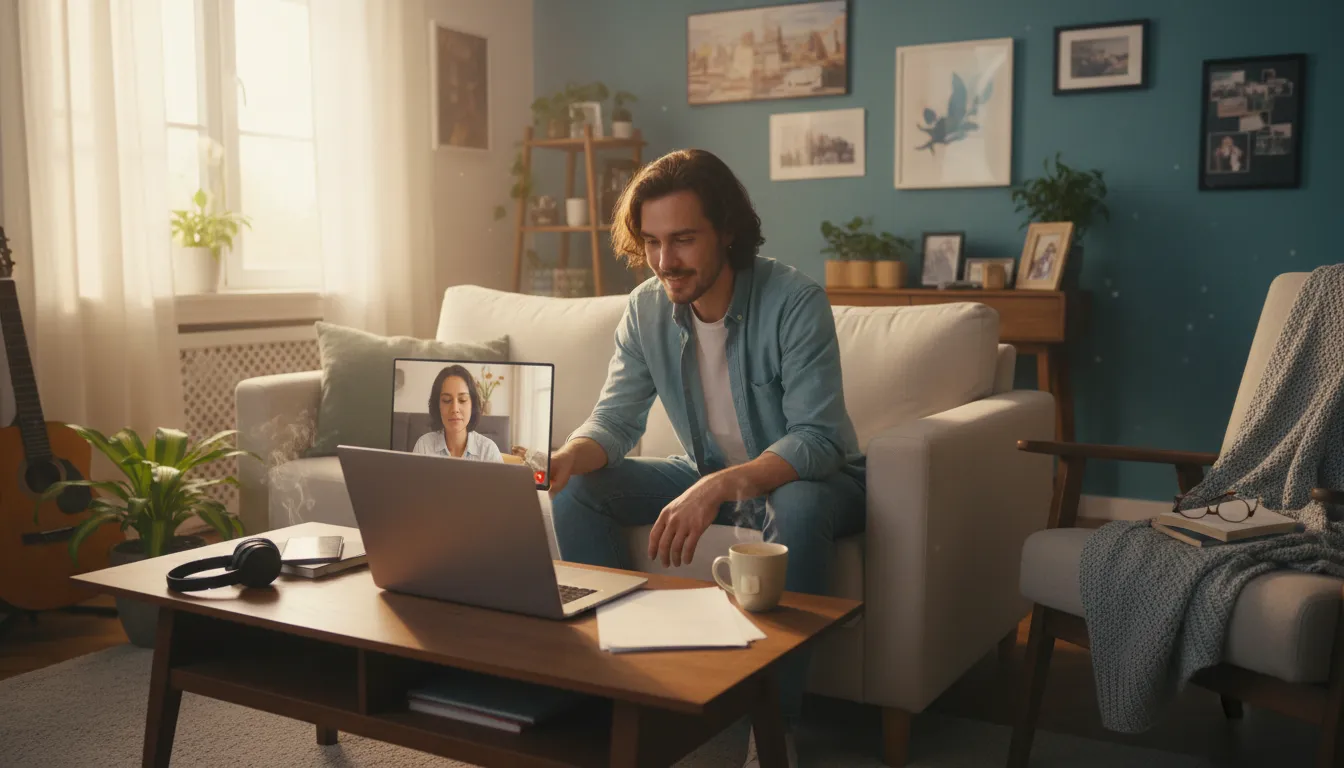 Jovem em casa realizando terapia online, expressão de alívio, ambiente confortável e iluminado.