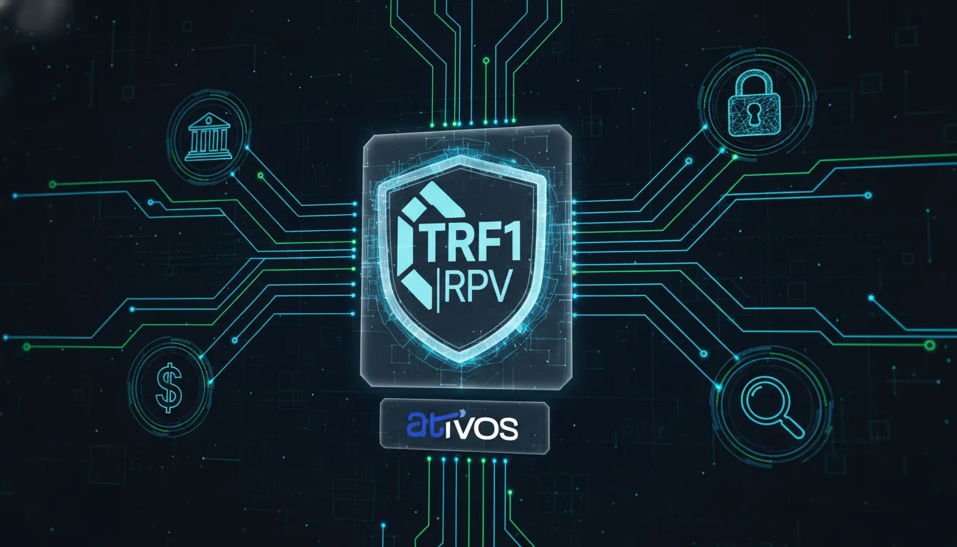 Fluxo de dados seguro e tecnologia para consulta TRF1 RPV, com ícones de justiça e segurança.