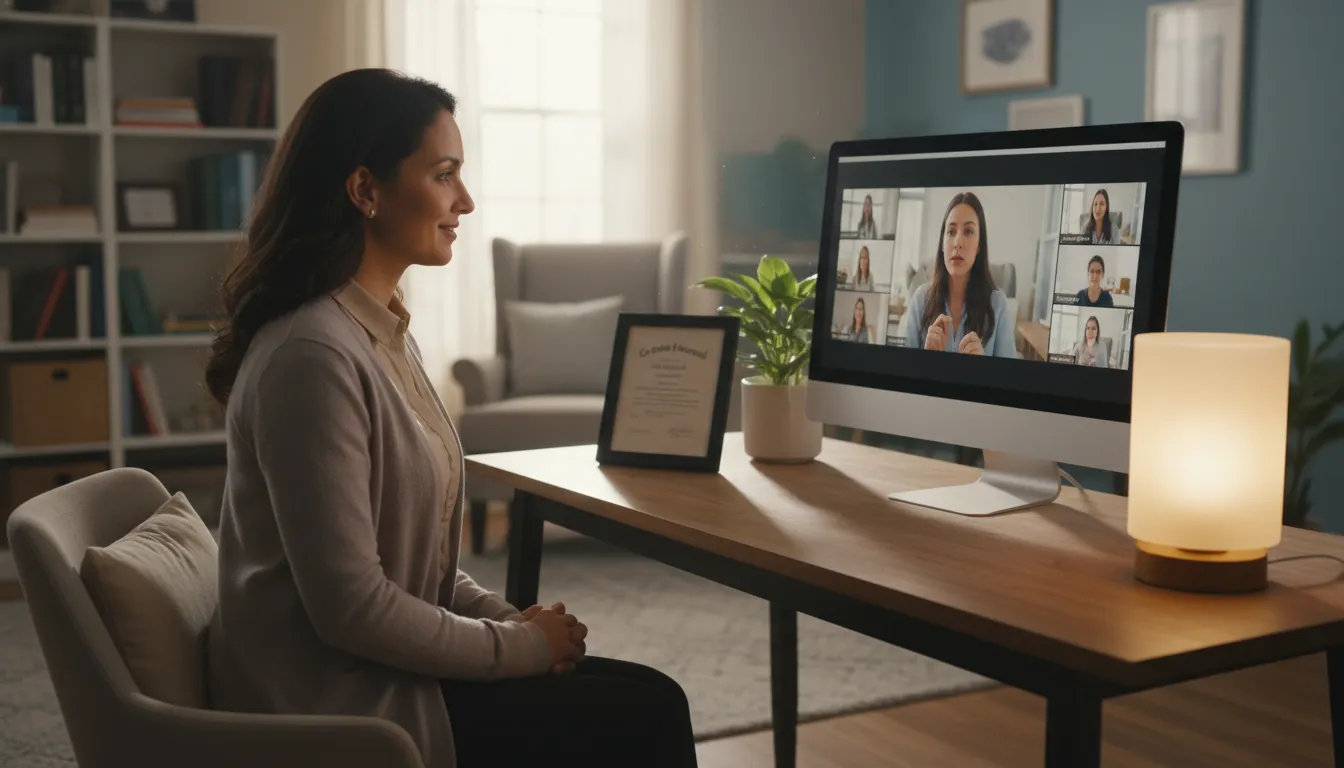 Terapeuta conduzindo sessão online, ambiente profissional e convidativo, transmitindo confiança na escolha de um terapeuta online. Unolife.