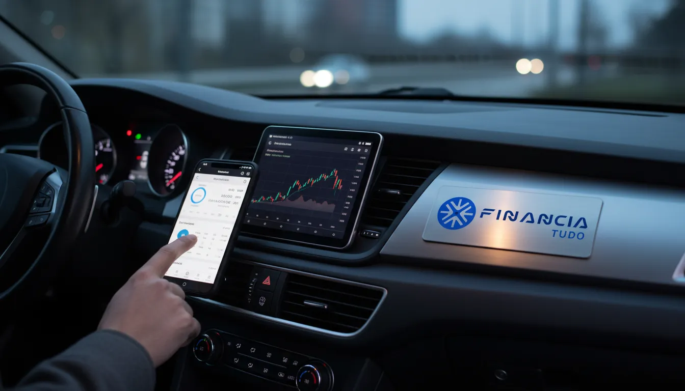 Painel do carro com ferramentas financeiras no smartphone, acesso facilitado ao crédito com veículo em garantia para planejamento.