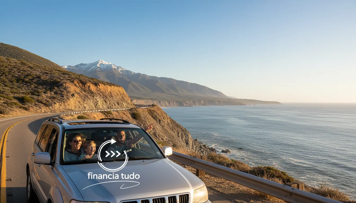 Família feliz em viagem de carro, celebrando a liberdade financeira e objetivos alcançados com o refinanciamento de veículos.