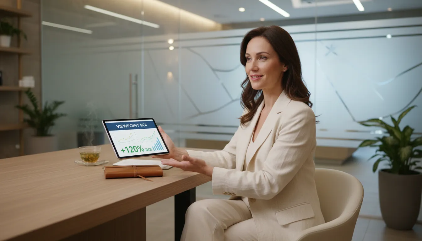 Proprietário de negócio wellness revisando dados de marketing em um tablet, demonstrando um retorno de investimento positivo, representando o sucesso do marketing de performance da Viewpoint.