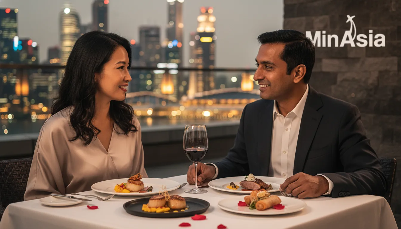 Casal desfrutando jantar romântico com vista para o icônico Marina Bay Sands ao fundo, ambiente luxuoso.