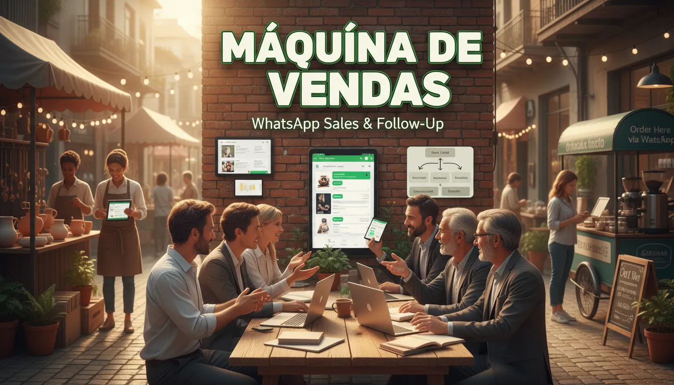 Empreendedores discutindo estratégias de vendas locais com automação.