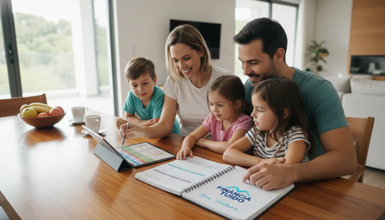 Uma família feliz planejando o orçamento familiar com um tablet e um planejador financeiro, ilustrando o controle de gastos em um ambiente moderno.