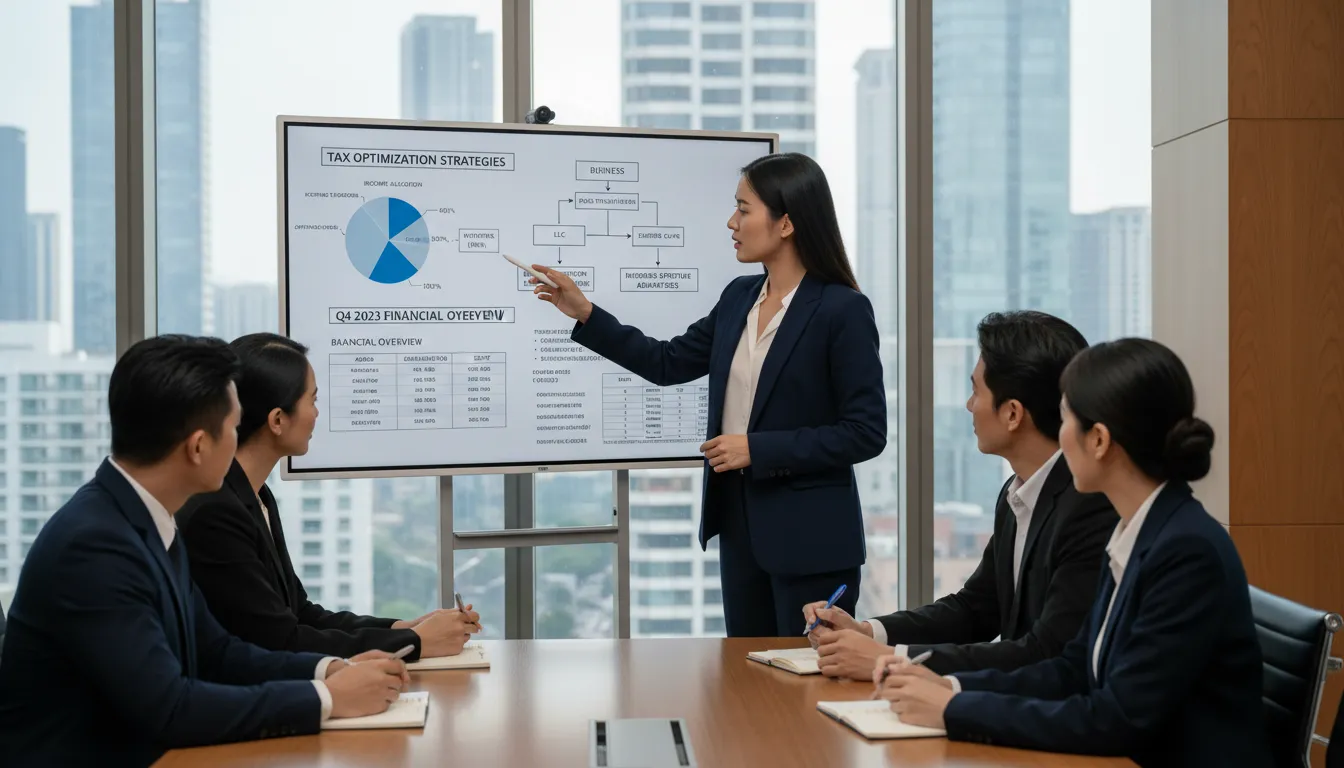 Consultor explicando estratégias tributárias para gestores empresariais usando quadro digital e relatórios.