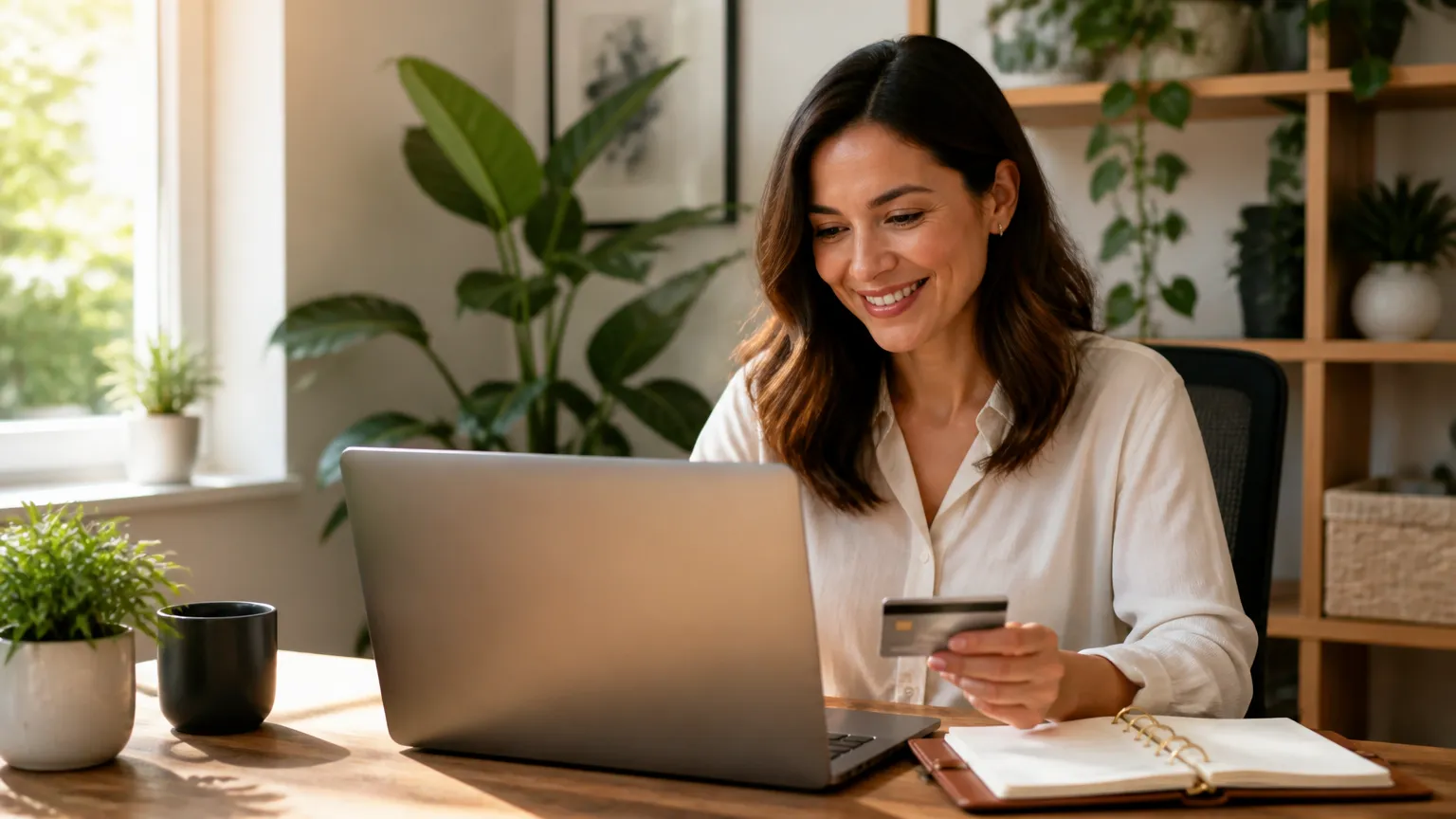 Mulher planejando gastos conscientes e crédito no cartão compartilhado com adicionais pelo computador.