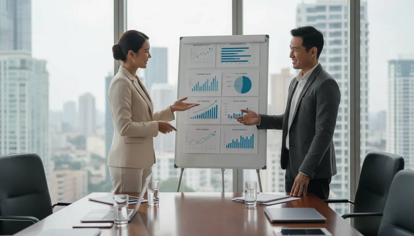 Consultora wellness apresentando resultados em reunião executiva com gestor de clínica premium.