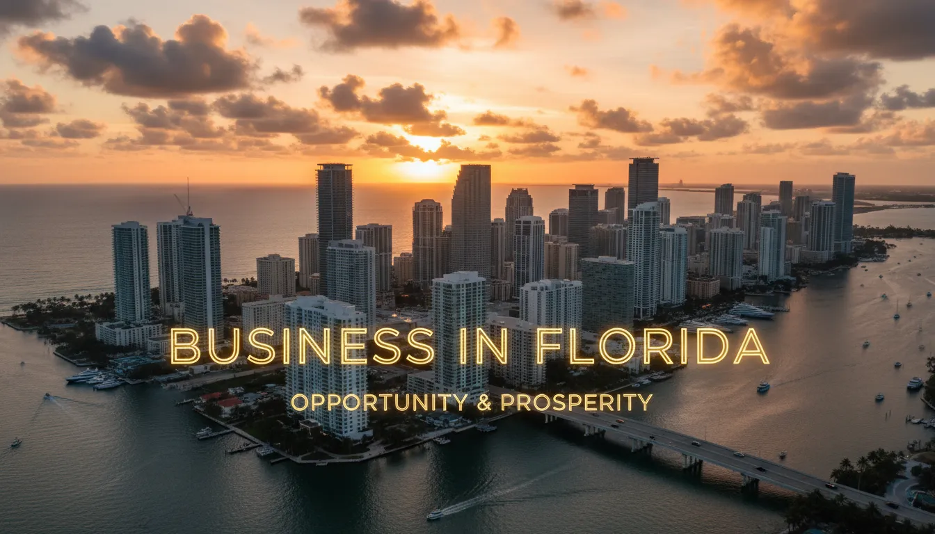 Vista aérea del horizonte de Miami al atardecer, simbolizando las oportunidades y la prosperidad al 'Como abrir una empresa en Florida'.