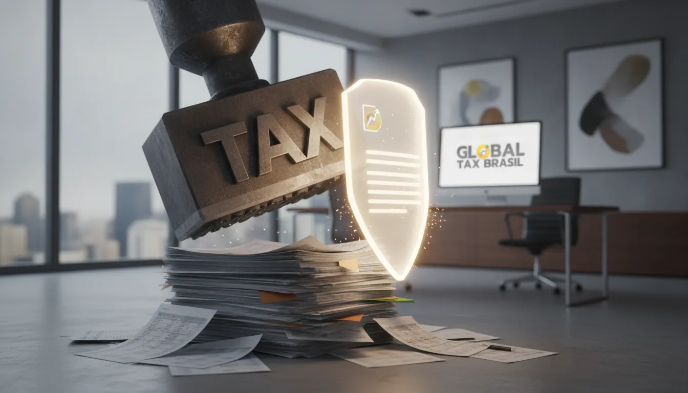 Escudo de mandado de segurança tributário protege empresa de cobrança indevida, simbolizando alívio fiscal.