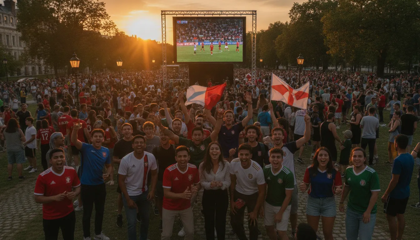 Multidão diversa celebra em praça pública, vivenciando o pertencimento e impacto da Copa na saúde mental.