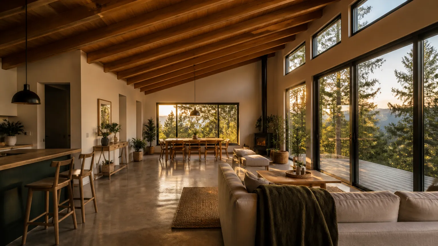 Interior espaçoso de casa de campo meia água com pé direito alto e grandes janelas de vidro.