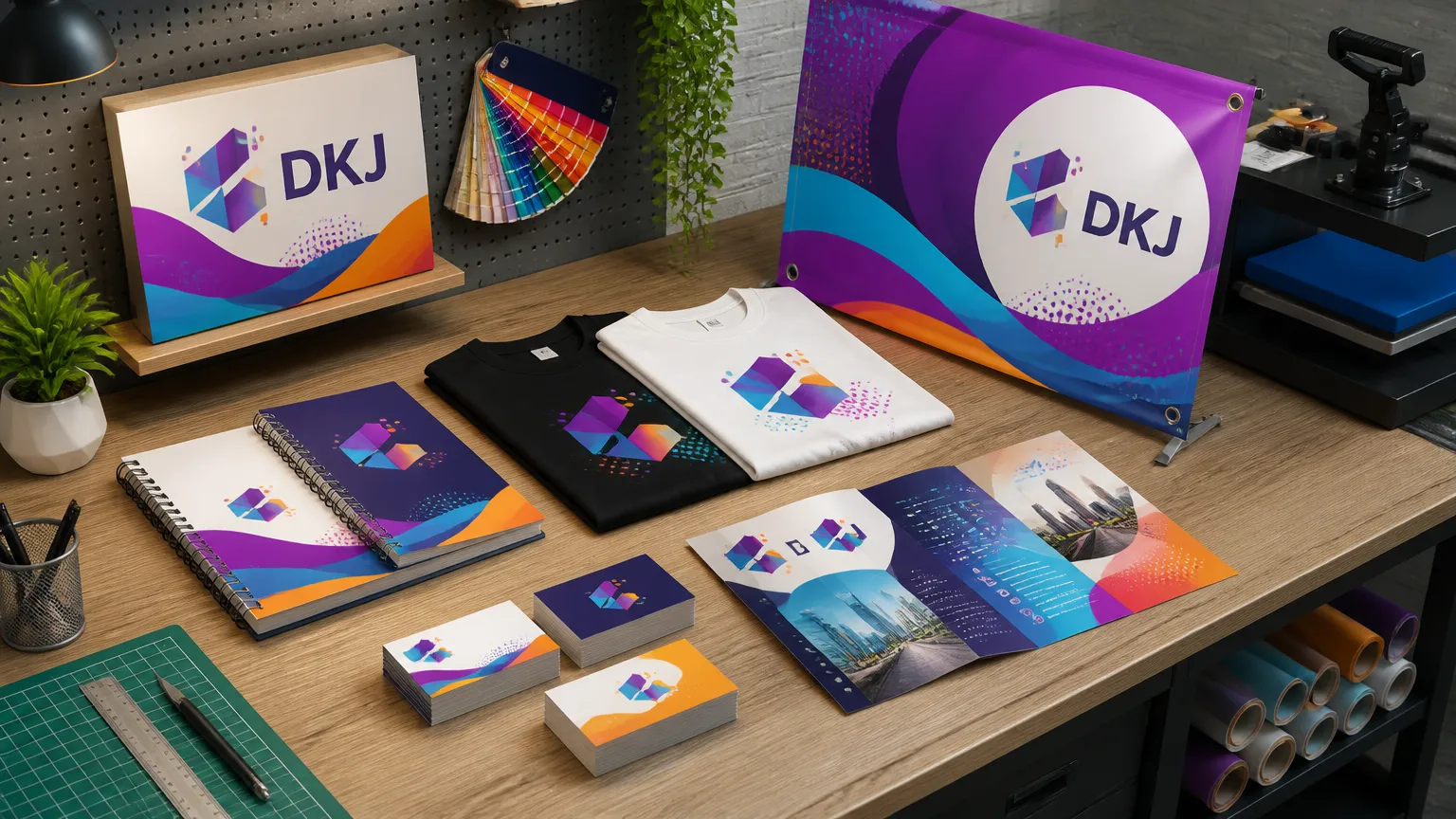 Serviços populares de gráfica incluindo encadernação, banners e itens personalizados em exibição.