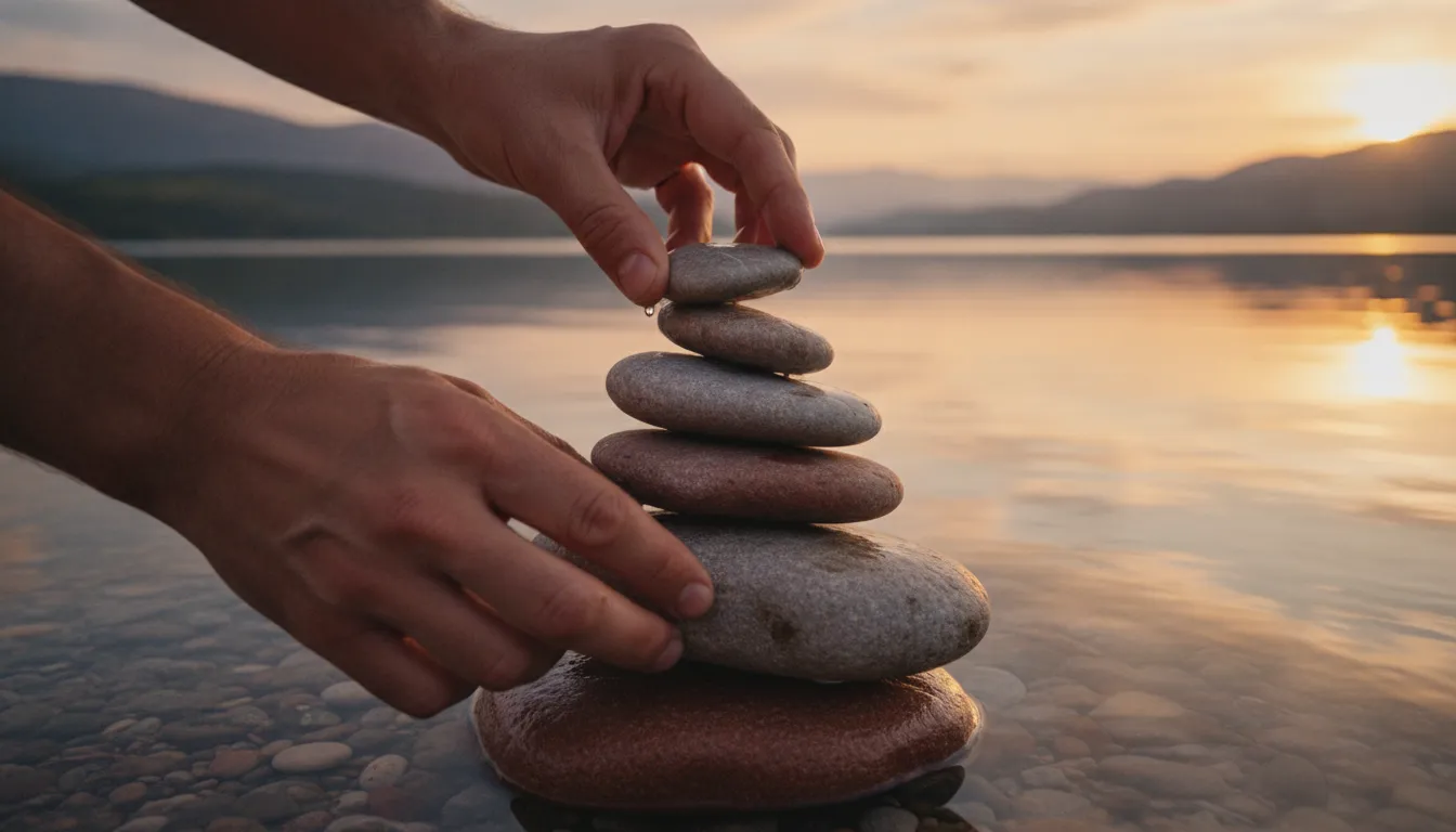 Mãos empilhando pedras, simbolizando equilíbrio e cuidado com a saúde mental. Momento mindfulness.