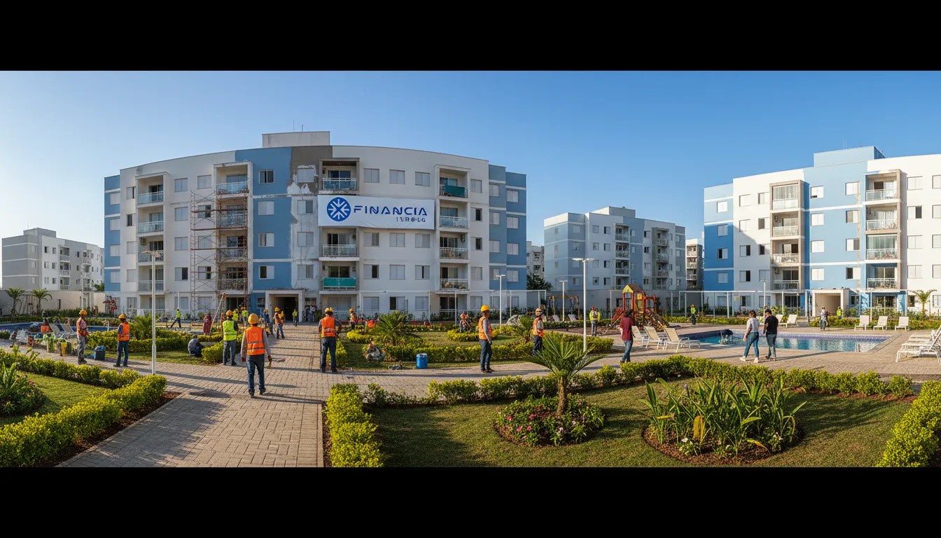 Condomínio em reforma financiada por crédito para condomínio, com operários trabalhando e a logo da Financia Tudo.