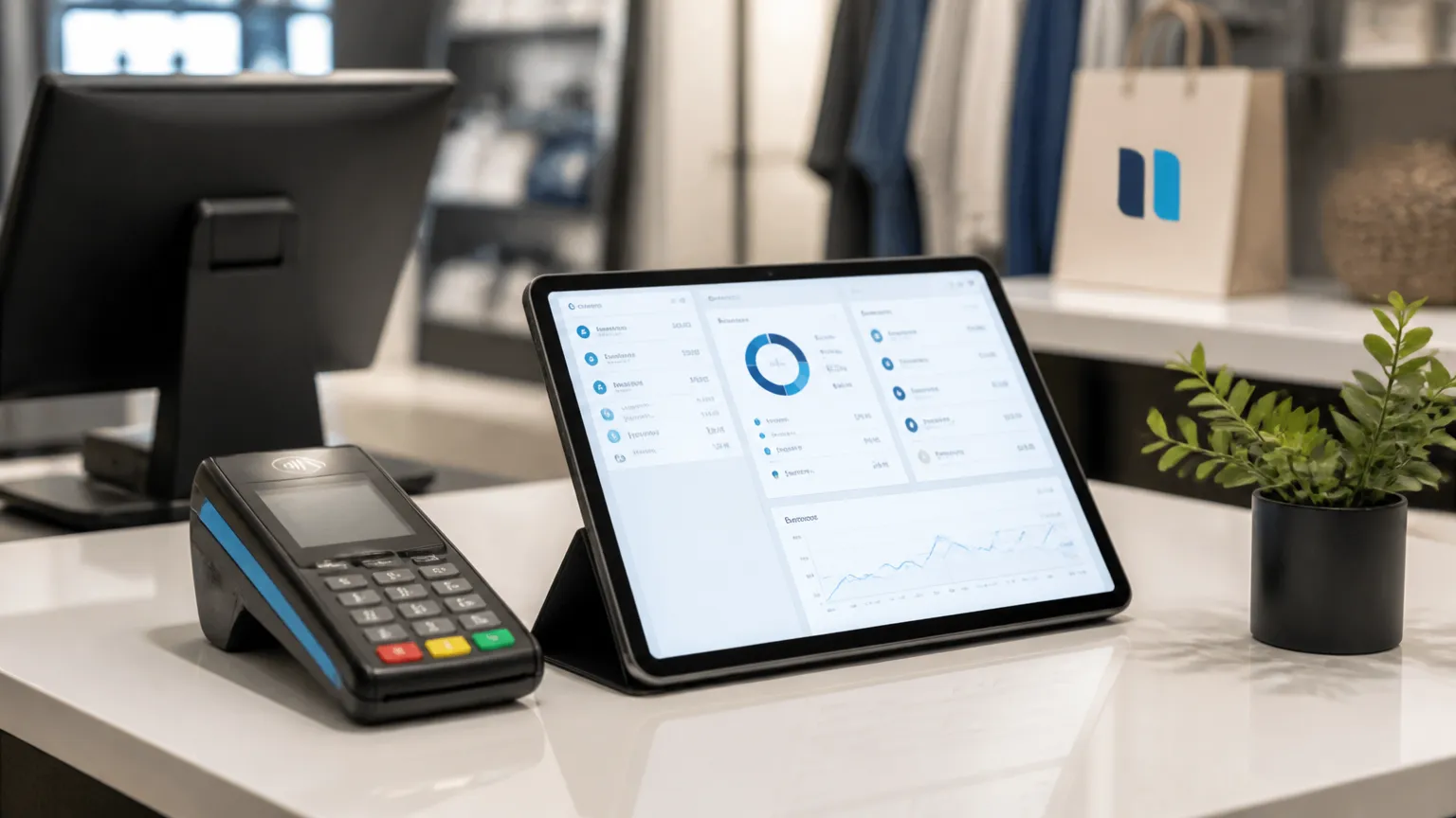 Terminal de pagamento e emissão fiscal integrados para operação segura de split payment no varejo.
