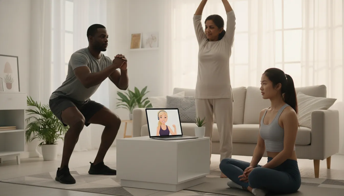 Pessoas recebendo orientação de um personal trainer online através de laptop em casa, praticando exercícios personalizados.
