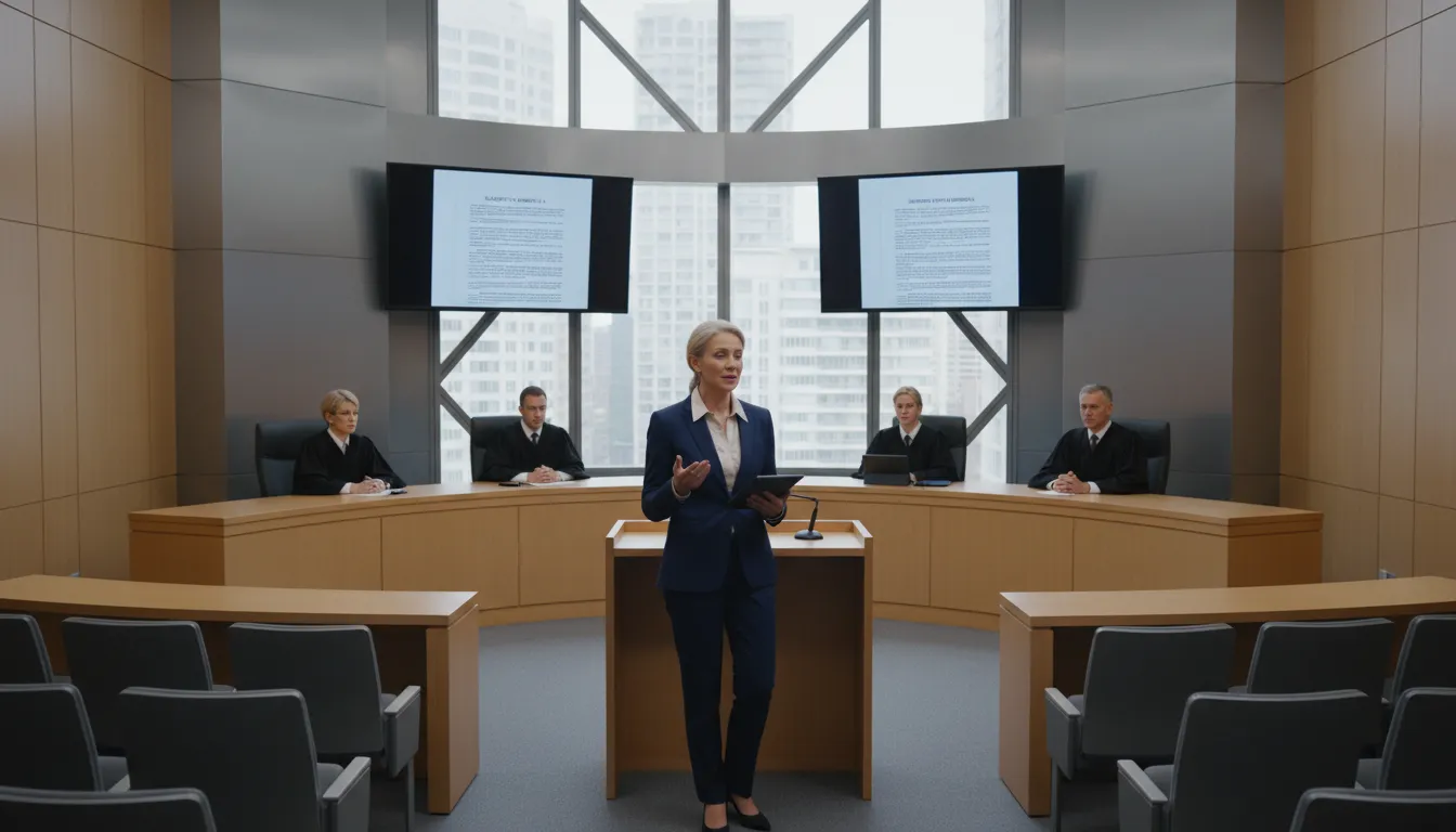 Advogada experiente apresentando embargos infringentes em tribunal moderno, destacando o papel da defesa