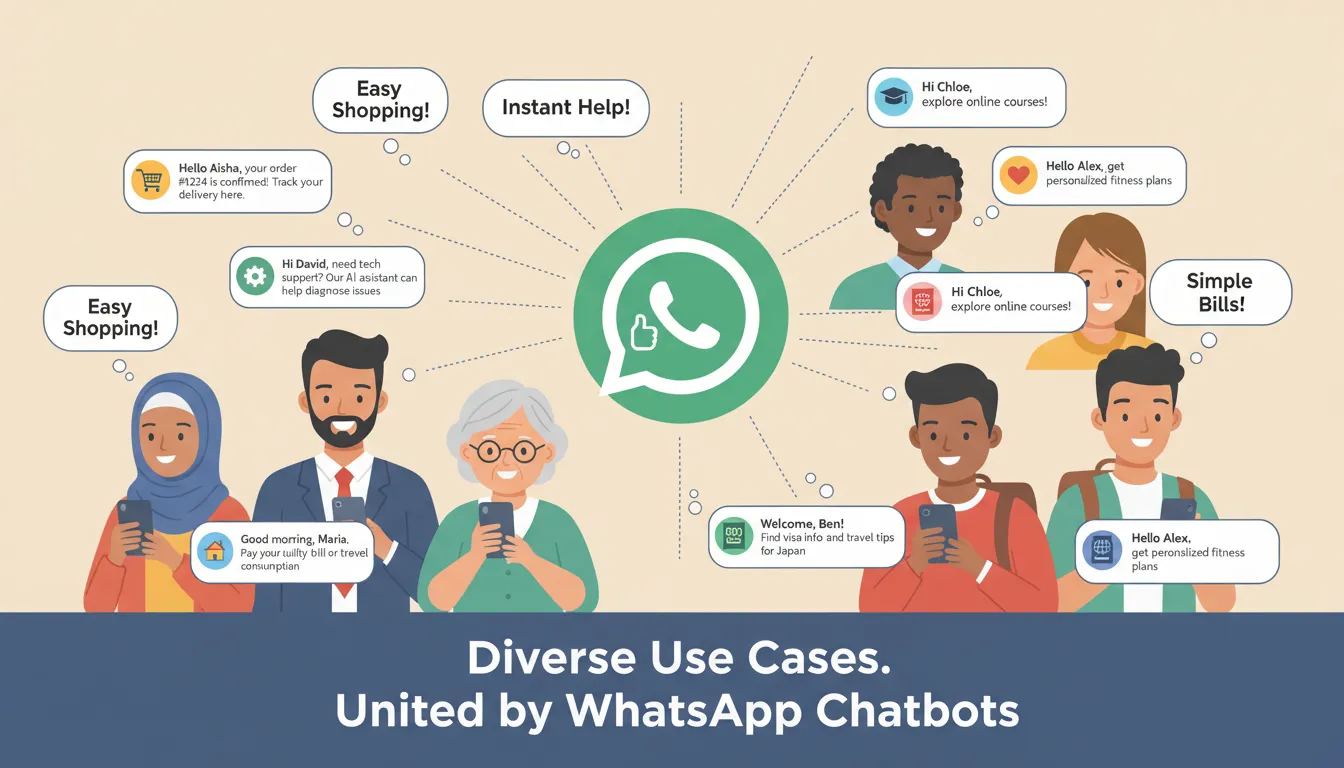 Clientes diversos usando celular, satisfeitos ao receber respostas úteis de chatbots no WhatsApp