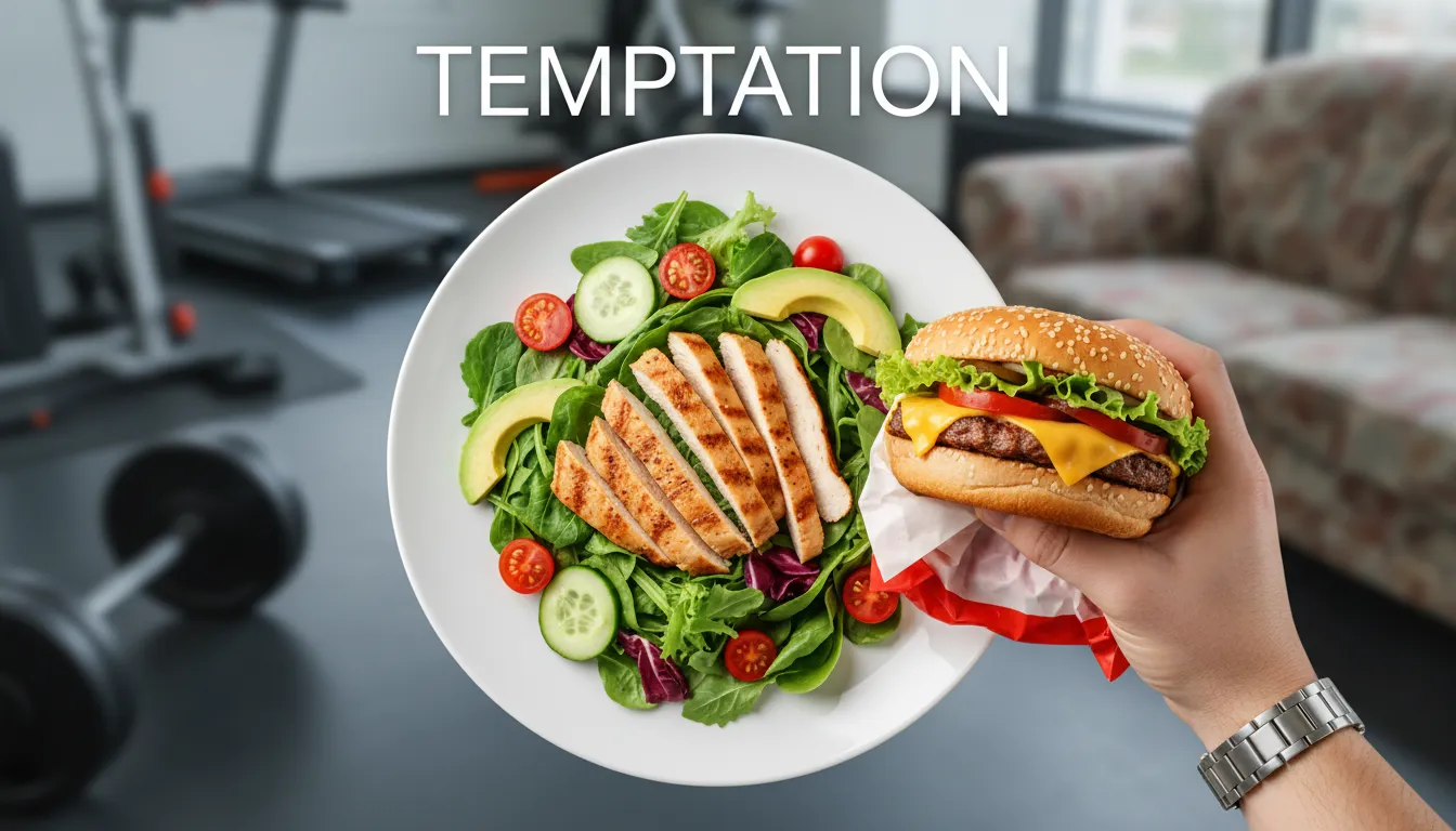 Salada saudável x hambúrguer: a luta na dieta. Visualização do dilema sobre por que não emagreço, mesmo tentando.