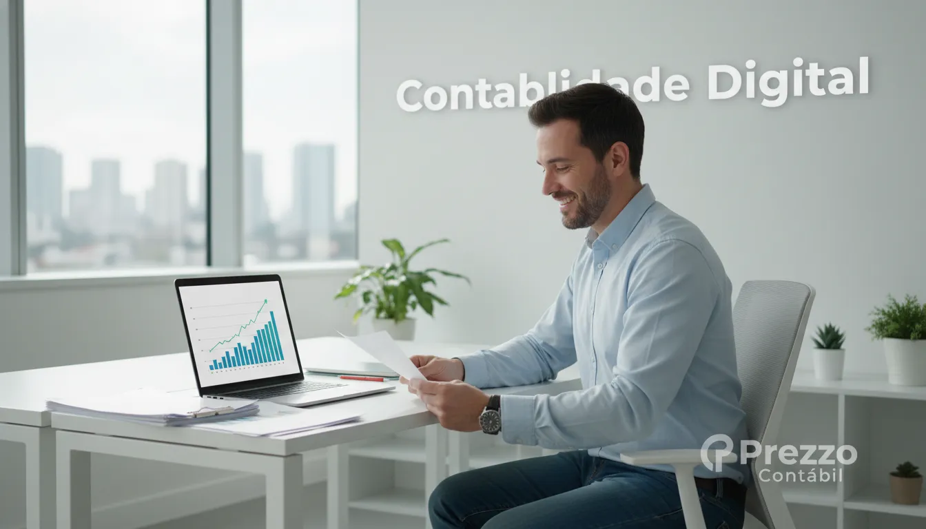 Um empreendedor analisando documentos financeiros em um escritório moderno em São Paulo, representando a contabilidade digital oferecida pela Prezzo, ideal para quem busca abrir empresa em São Paulo.