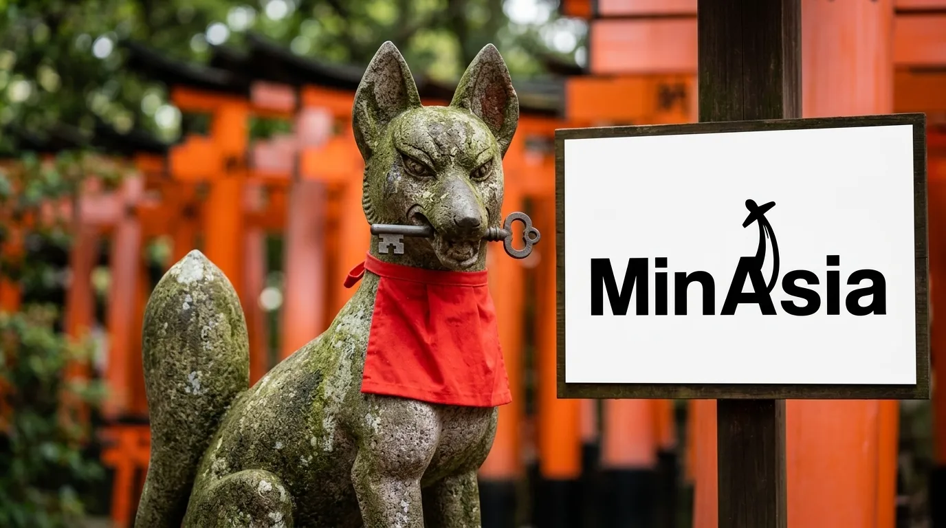 Estatua de pedra de raposa com babador vermelho no santuario Fushimi Inari em Kyoto.