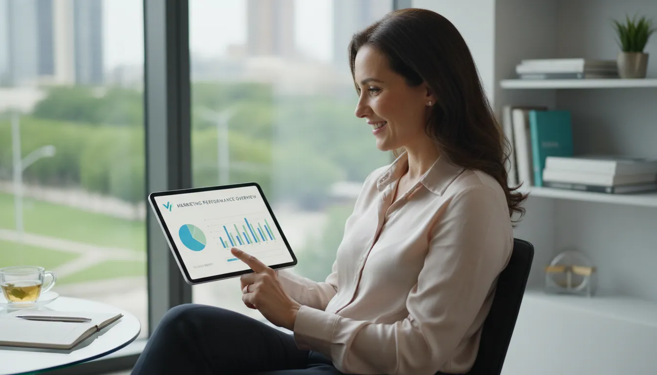 Conceito visual da diferença marketing vendas focando em um proprietário de negócio wellness satisfeito, analisando relatório de performance de marketing no tablet.