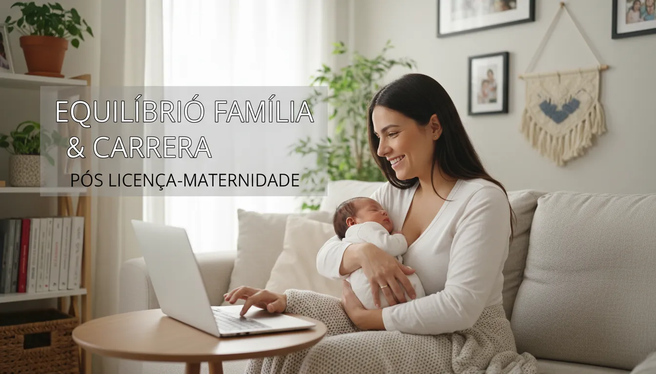 Mãe com bebê recém-nascido em casa, representando licença-maternidade e equilíbrio entre trabalho e família.
