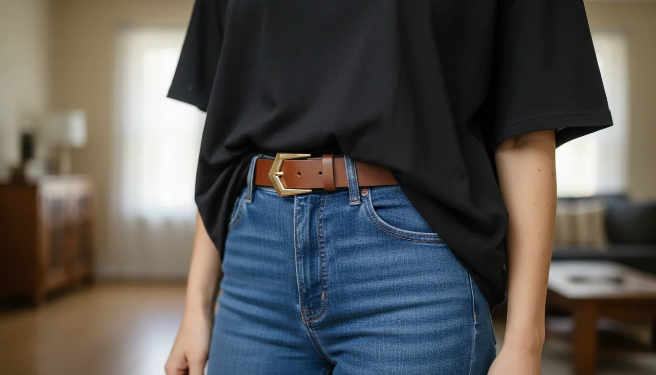 Close-up de camisetas oversized feminina preta, com jeans de cintura alta e cinto estiloso, destacando a versatilidade e o caimento do tecido.