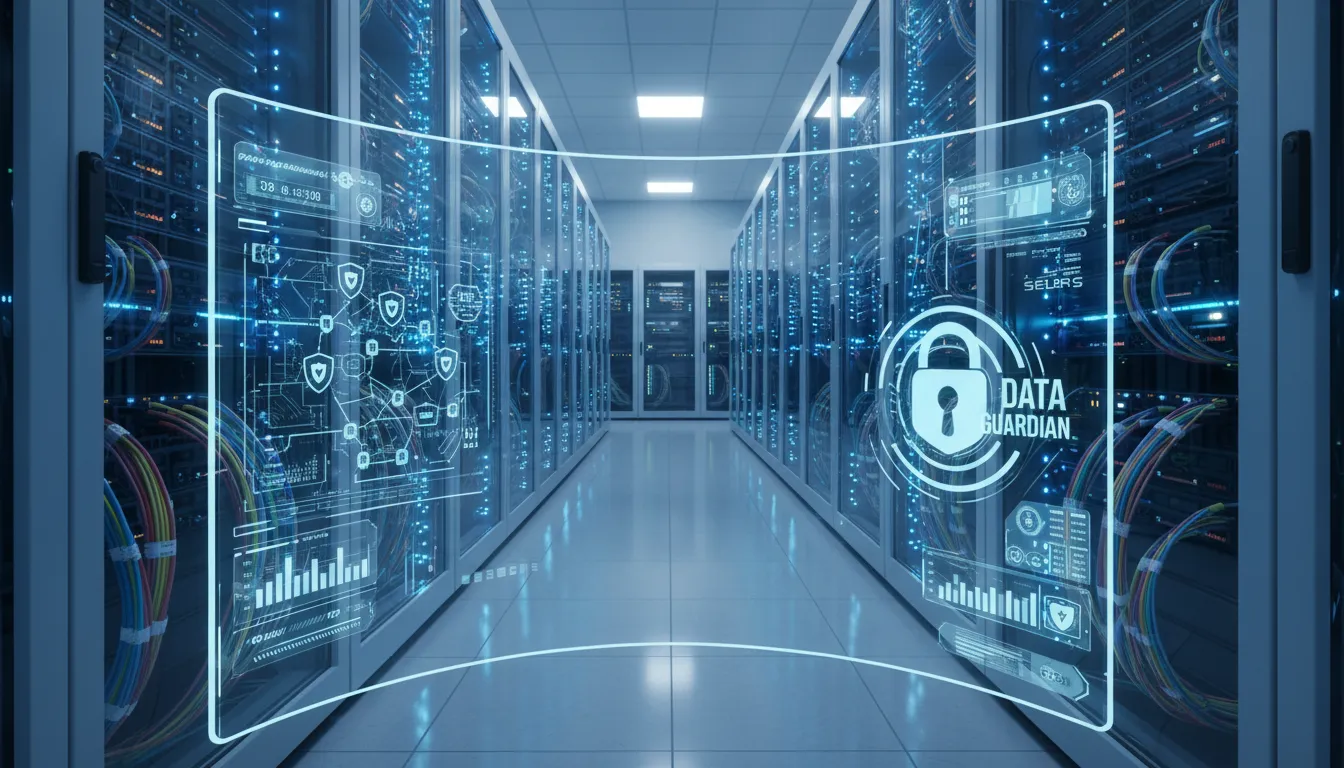 Data center moderno com servidores e gráficos de proteção de dados em tela de monitor.