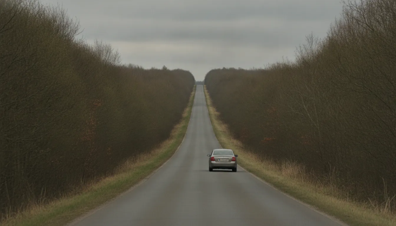 Viver no automático: Estrada longa e repetitiva, carro seguindo caminho sem desvio, ilustra rotina constante.