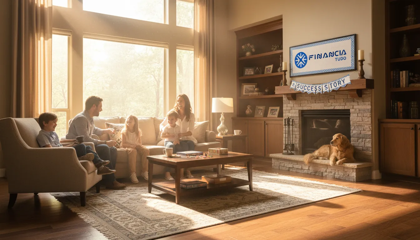 Família feliz desfrutando de sua casa finalizada, graças ao financiamento para término de obra facilitado pela Financia Tudo.