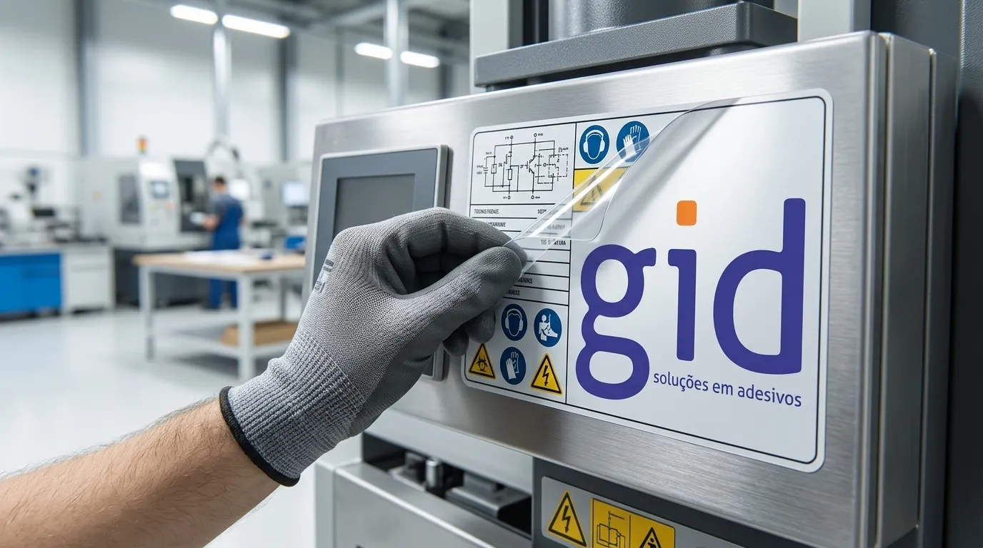 Aplicação de adesivo em policarbonato de alta resistência em máquina de fábrica.
