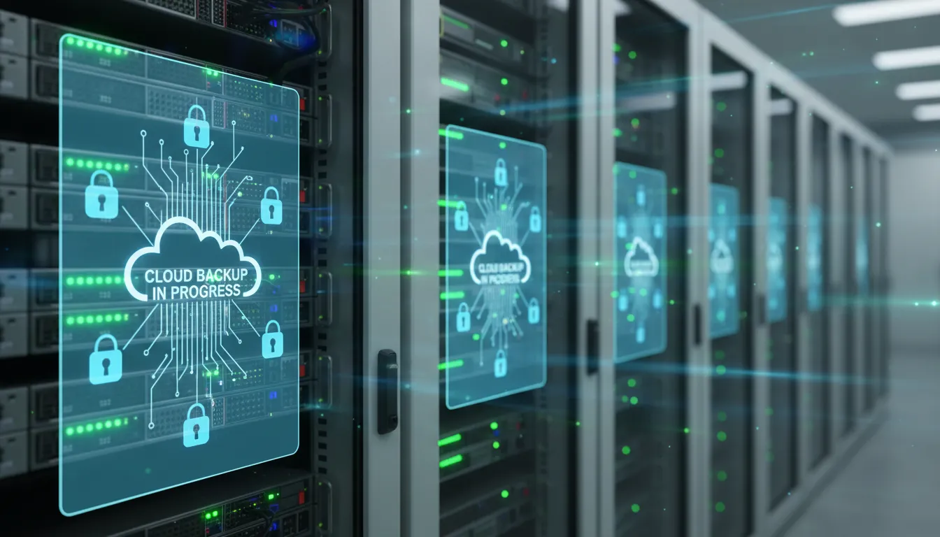 Site Seguro em 2026: SSL, Backups e Proteção Contra Ataques 1 Racks de servidores automatizados com backups em nuvem e ícones de proteção de dados em destaque.