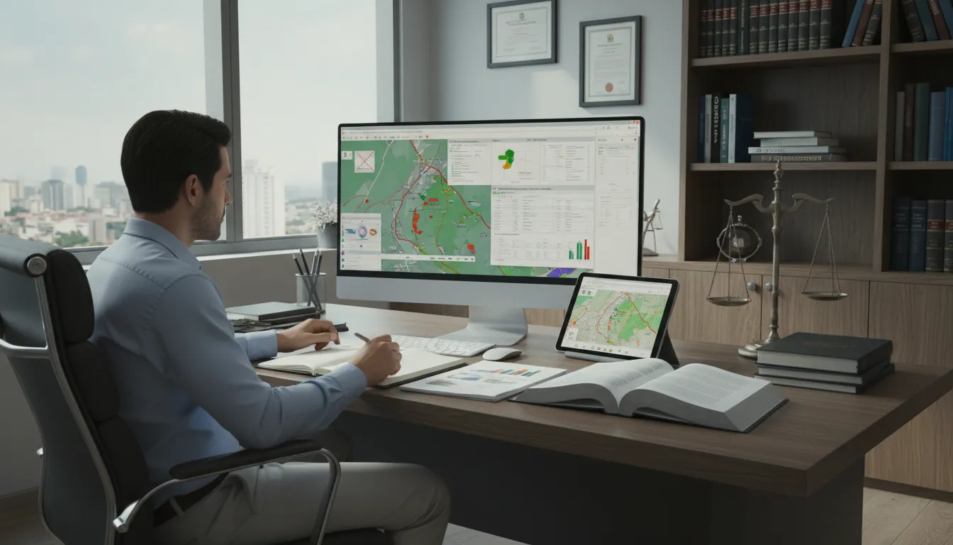 Profissional examinando mapas e documentos do CAR em escritório de advocacia rural