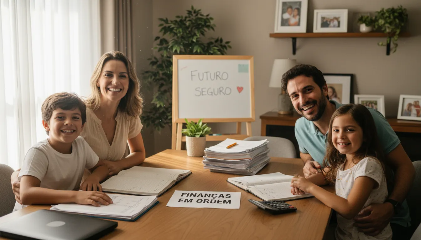 Família feliz e aliviada após organizar as finanças e superar as dívidas juntos
