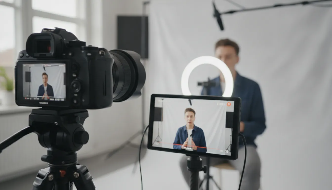 Configuração de câmera profissional em estúdio caseiro, pessoa gravando vídeo marketing de alta qualidade.