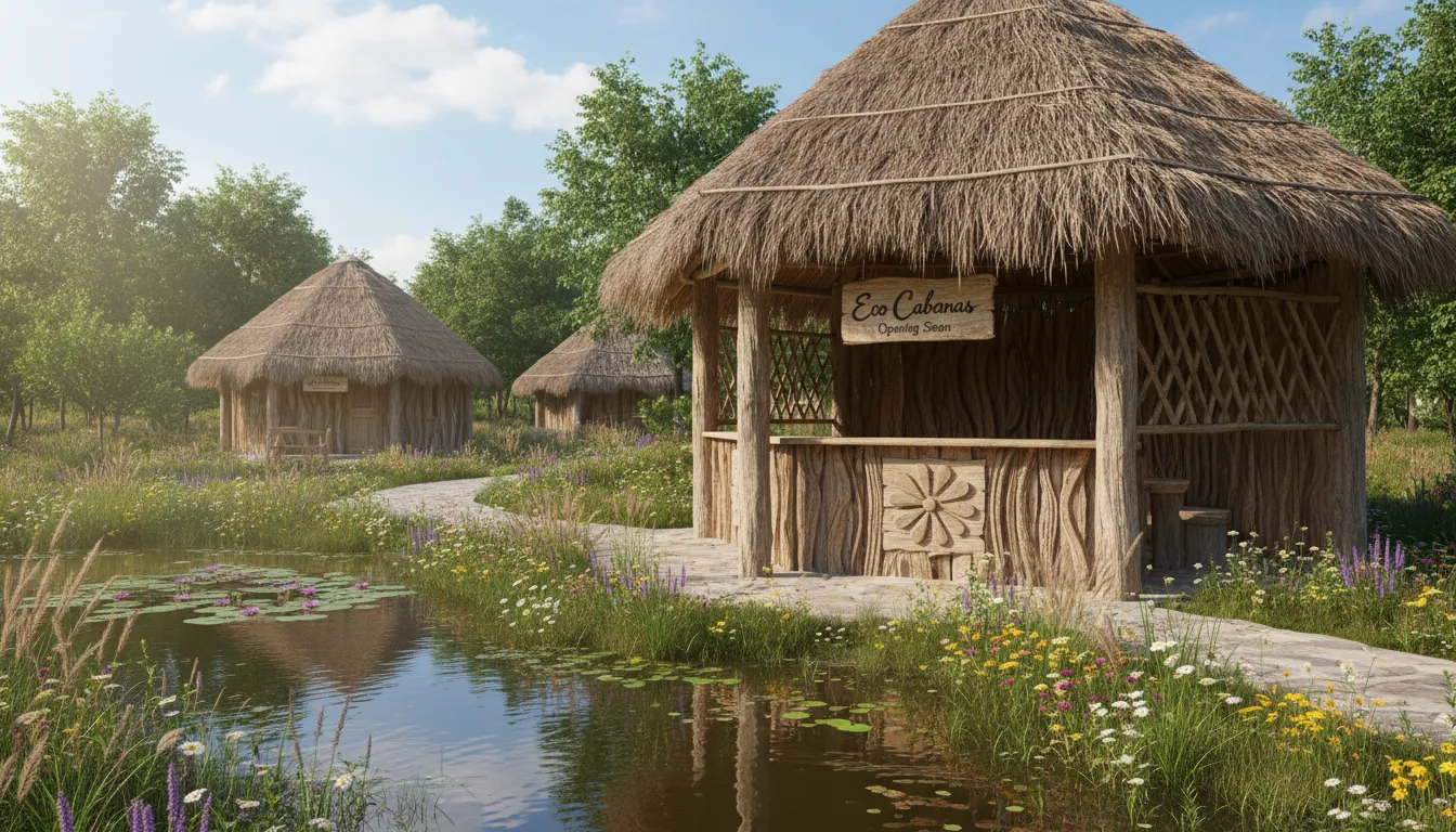 Um quiosque com design rústico e teto de palha, criando um ambiente sereno em meio a um lago e flores. Destaque para os detalhes intrincados do quiosque.