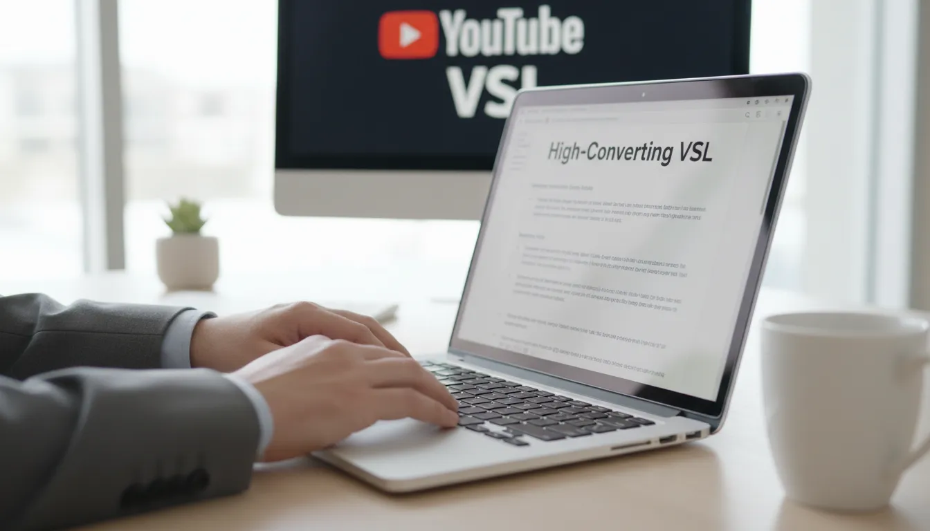Close-up das mãos digitando um roteiro de vsl de alta conversão, com interface do YouTube ao fundo, destacando a criação de roteiros otimizados.