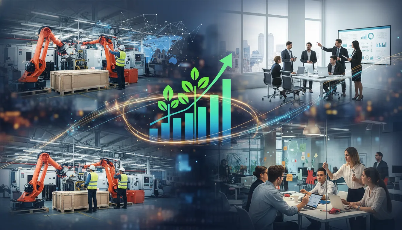 Múltiplas cenas de crescimento empresarial, evidenciando as diversas aplicações de crédito estruturado empresarial e a realização de projetos.