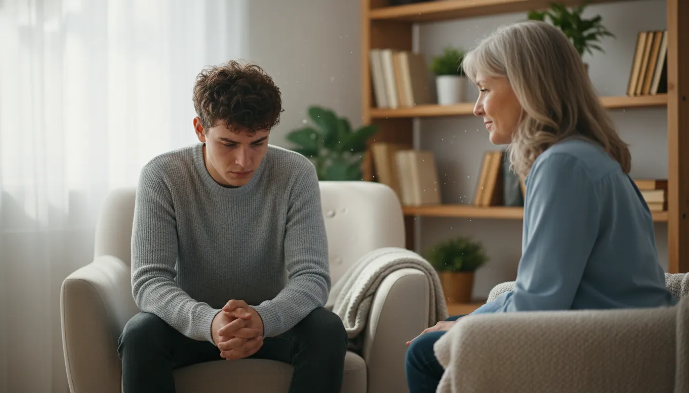 Adulto em terapia, pais e filhos impactam relacionamentos. Paciente reflete sobre ausência parental, busca cura.