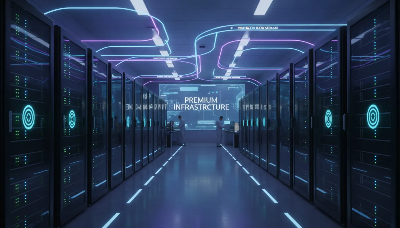 Interior de data center com servidores, pontos de acesso seguros e fluxo de dados protegido